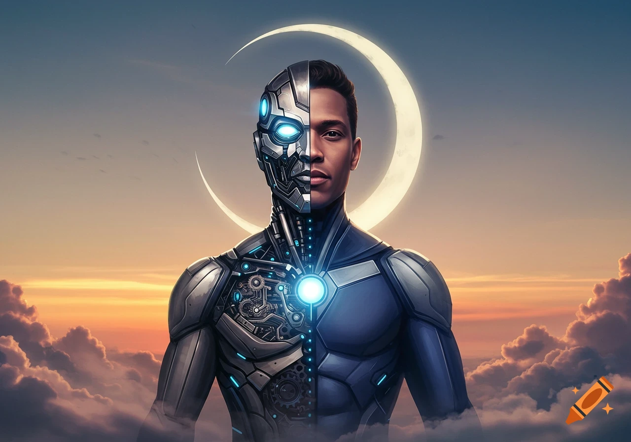 A man with half his face and body as human, and the other half as a detailed cyborg, stands against a sunset sky with a crescent moon.