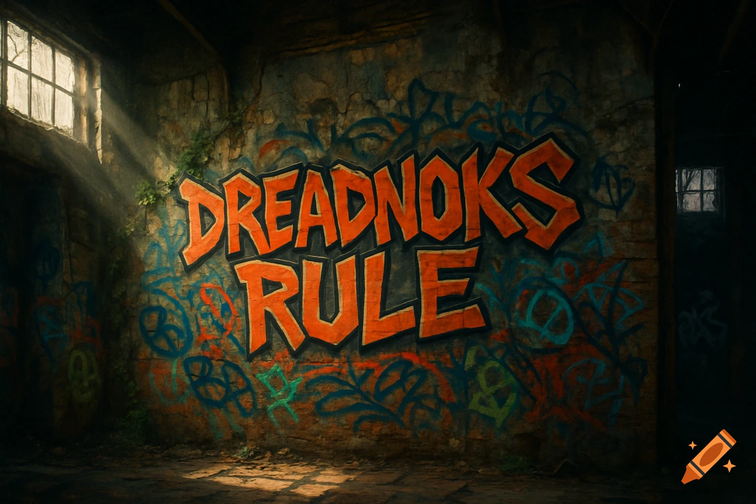 Graffiti reading 'DREADNOKS RULE' on a grunge wall in an abandoned factory, with light rays streaming from a window.