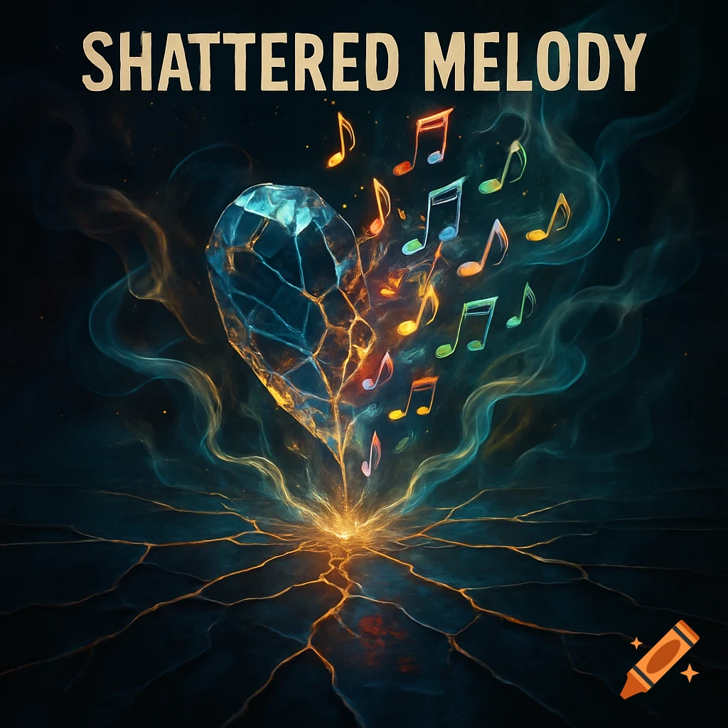 A shattered diamond heart glows, emitting colorful musical notes, on a dark, fractured surface with 'SHATTERED MELODY' text.