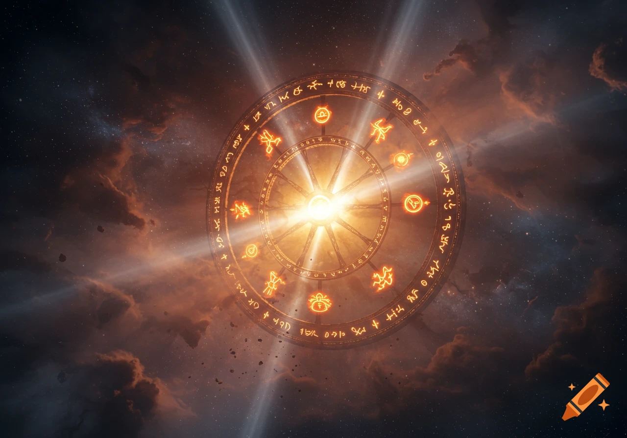 A glowing wheel with mystical symbols shines brightly in a cosmic space filled with stars and dark, fiery clouds, with light rays emanating from its center.