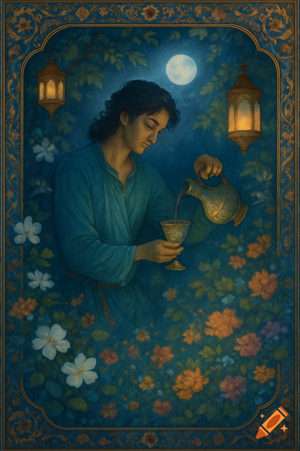 A man in a blue robe pours liquid into a goblet in a moonlit, ornate garden with hanging lanterns, framed by a decorative border, in a painterly style.