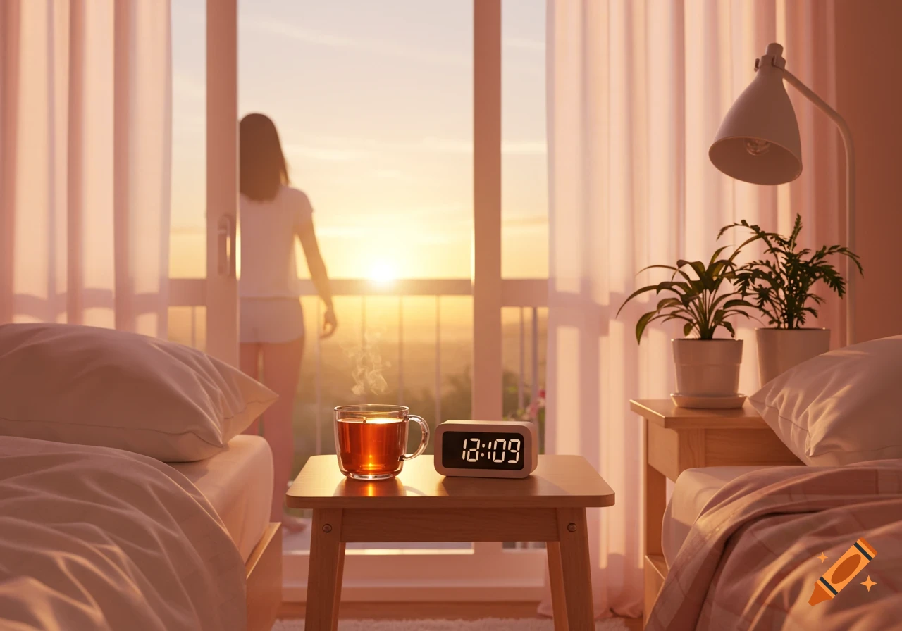 Person looking out window at sunrise from a cozy bedroom, with steaming tea and a digital clock on a table.
