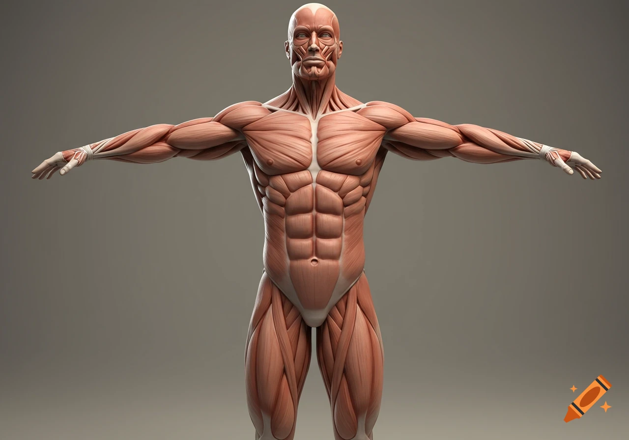 A detailed 3D rendering of a male human muscular system in a T-pose with superhero proportions.