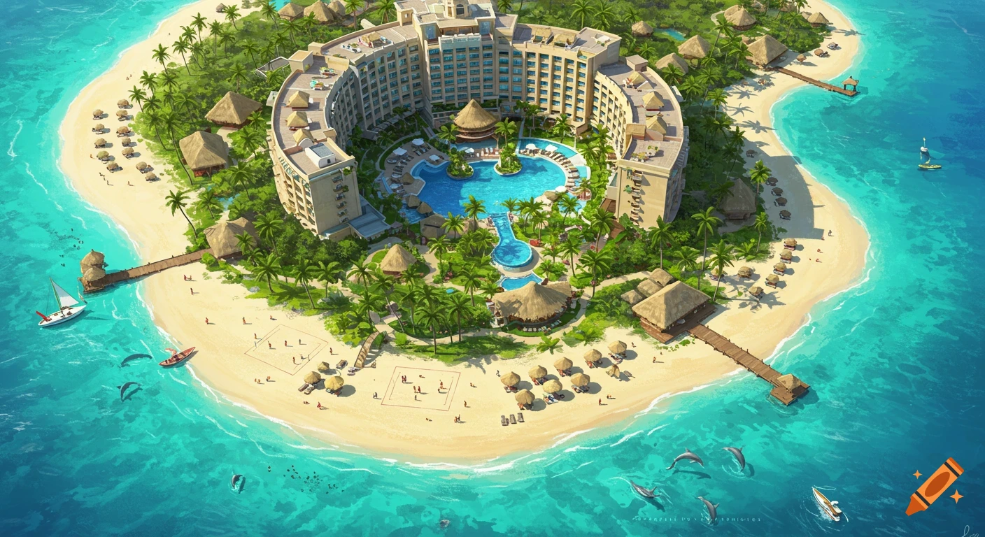 Aerial view of a vibrant tropical island resort with a curved hotel, multiple pools, beaches, palm trees, and dolphins in clear blue water.