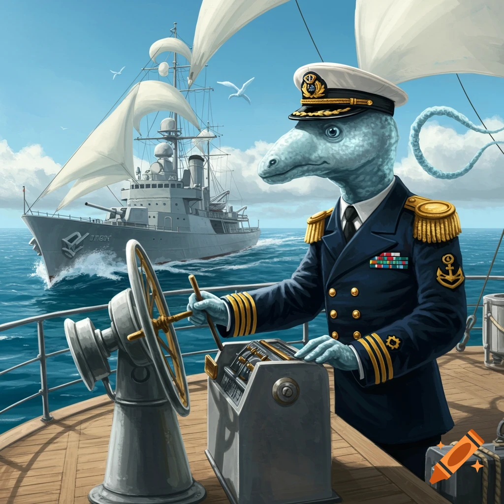A blue lizard-like creature in a navy captain's uniform steers a ship, with another large naval vessel sailing in the background on a sunny day.