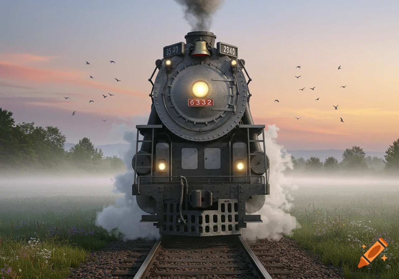A photorealistic front view of a steam train on tracks amidst a misty, grassy field at sunrise with birds flying.