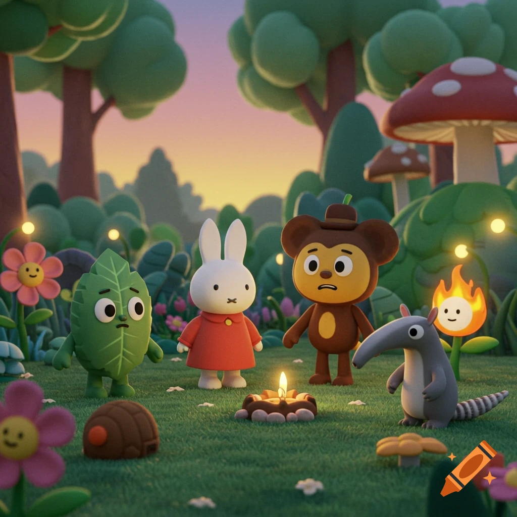 A stylized, animated scene with Miffy, a brown bear, a green leaf character, and an anteater standing around a small campfire in a whimsical forest.