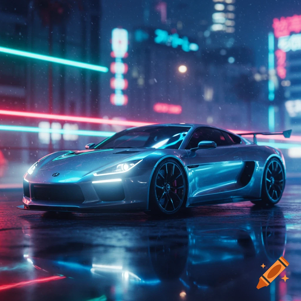 Sleek silver sports car with glowing headlights on a wet city street at night, reflecting neon blue and pink lights.