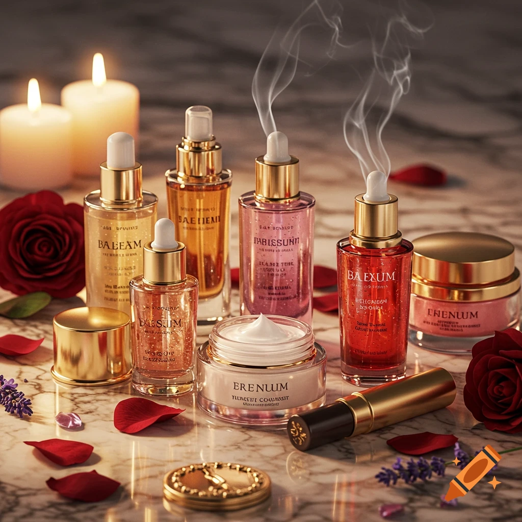 Photorealistic still life of luxury cosmetic bottles and jars with gold caps, red roses, and lit candles on a marble surface.