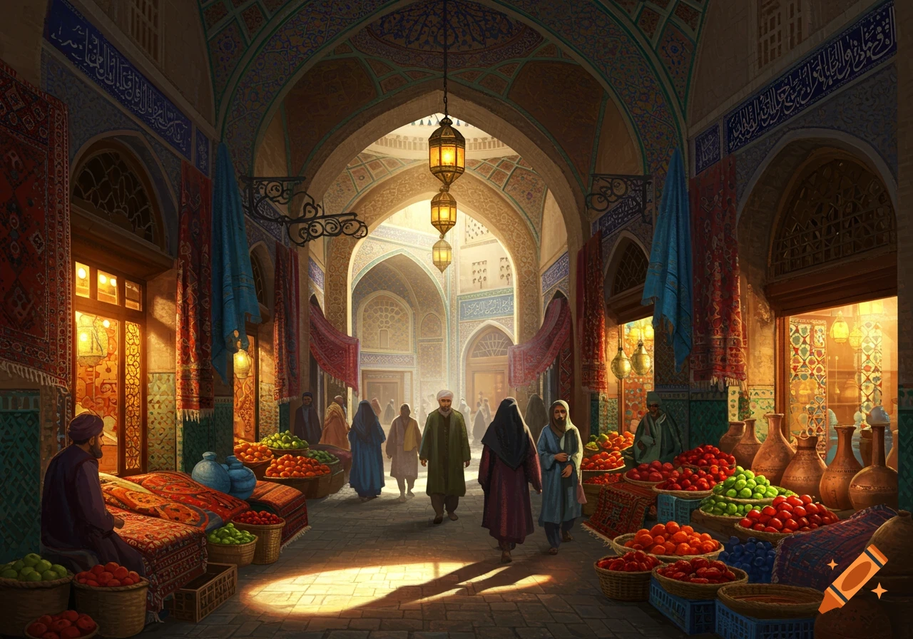 A bustling marketplace under grand arches, featuring vendors with baskets of colorful fruits, and people in traditional attire walking through.