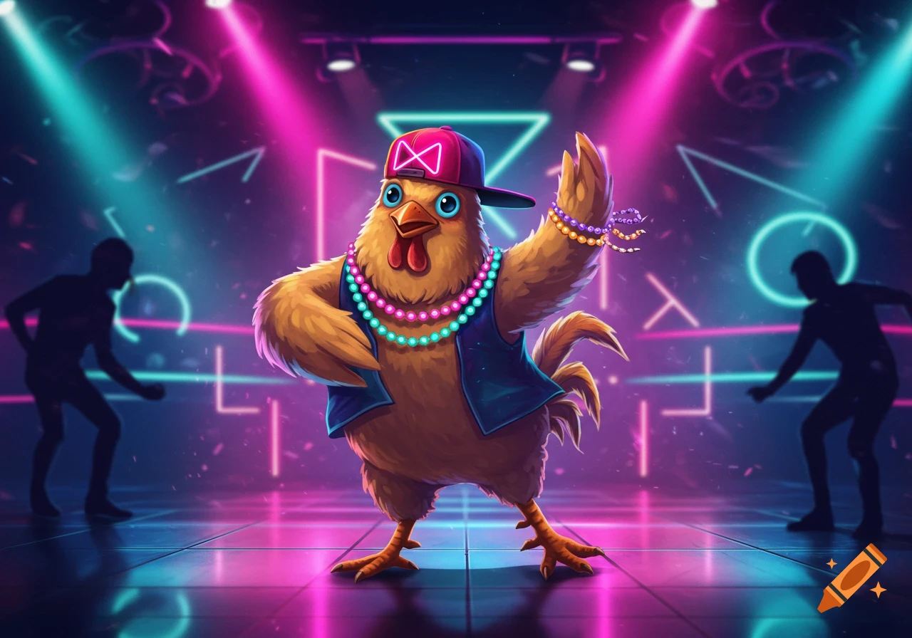 A vibrant cartoon chicken in a backward cap, vest, and necklaces dancing in a neon-lit disco with silhouettes of other dancers, in an anime style.