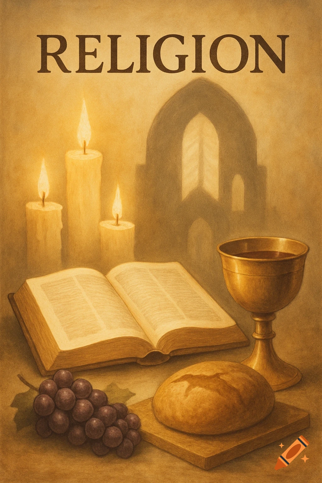 A still life painting of religious symbols: lit candles, an open Bible, a golden chalice, grapes, and bread, with the word RELIGION and a church window shadow.