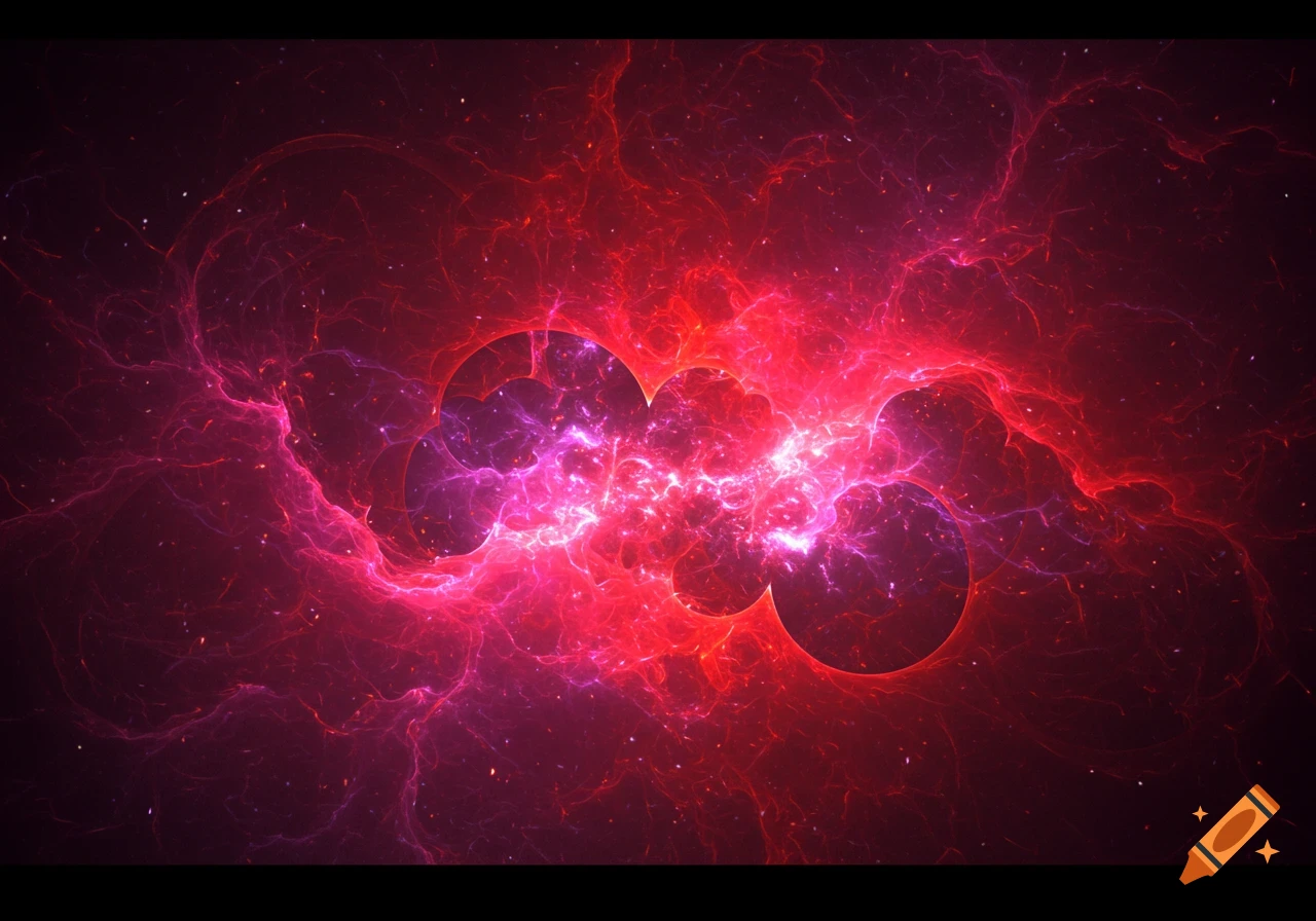A vibrant abstract nebula in shades of red, purple, and pink, with swirling energy and sparkling particles on a dark background and a black frame.