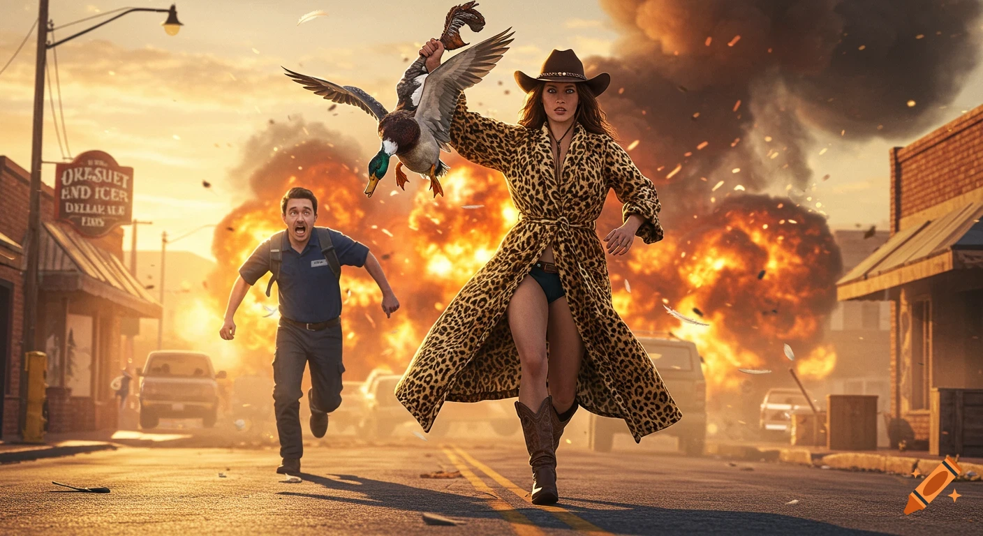 A woman in a leopard robe and cowboy hat runs while holding a duck, chasing a screaming man down a street with explosions.