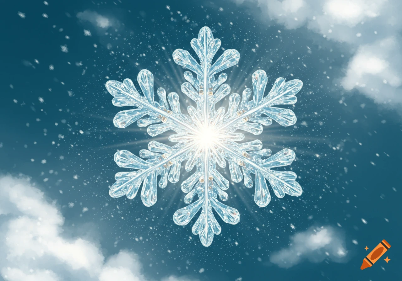 A glowing, crystal-like snowflake with intricate details, set against a dark blue sky with soft clouds and falling snow particles.