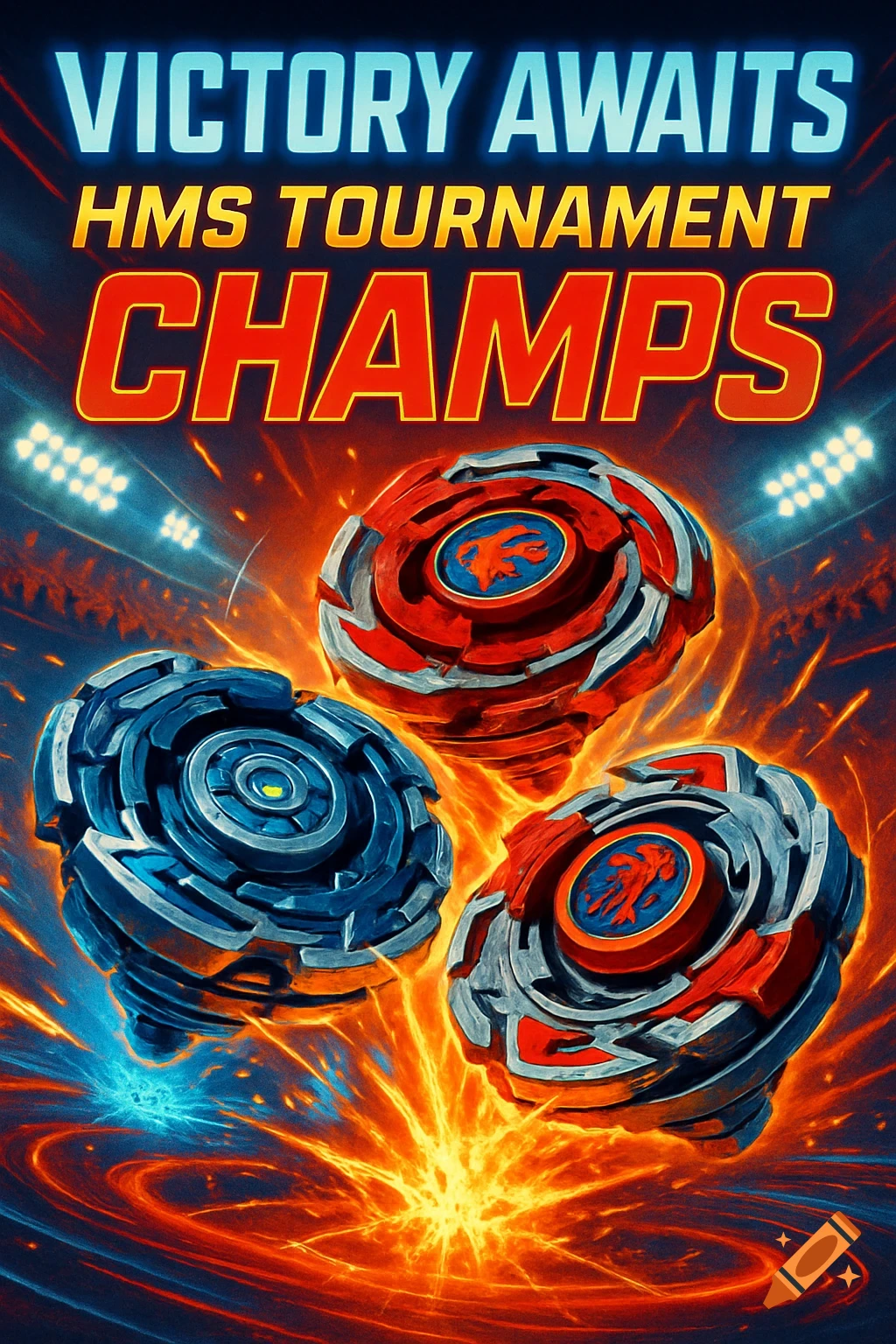 Three spinning Beyblades explode with energy on a tournament poster, with text 'VICTORY AWAITS HMS TOURNAMENT CHAMPS'.