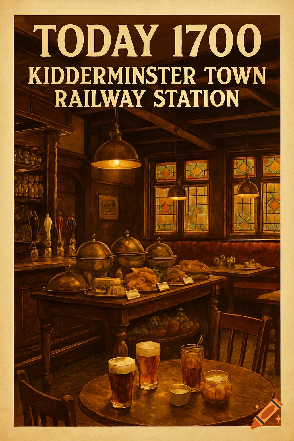 A vintage poster of a cozy British pub interior with a buffet, drinks on tables, and text 'TODAY 1700 KIDDERMINSTER TOWN RAILWAY STATION' at the top.