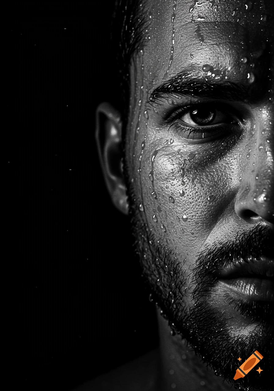 A dramatic black and white close-up portrait of a man's right face, covered in water droplets, with a beard and intense eye.