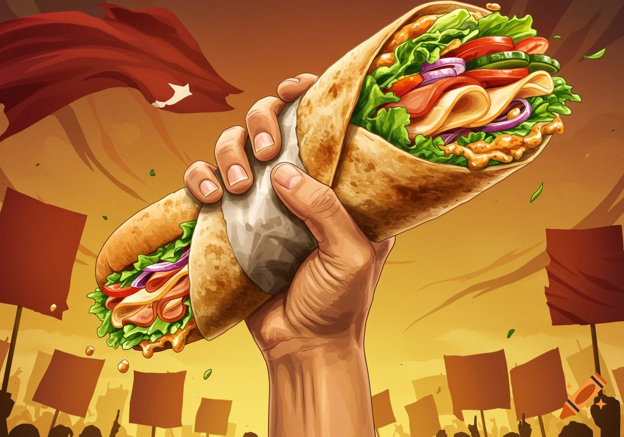 A stylized illustration of a hand holding a giant, fully loaded wrap sandwich up like a torch during a protest with blank signs and a red flag in the background.