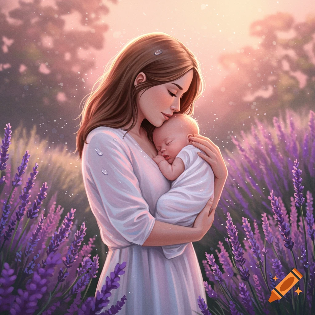 A stylized illustration of a mother tenderly holding a sleeping baby in a vibrant lavender field at sunset.