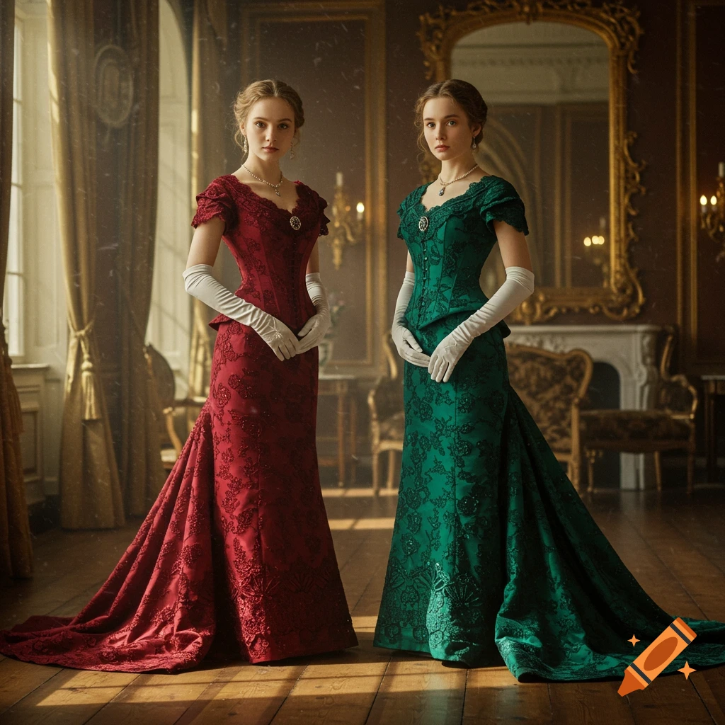 Two young women in ornate red and green 1883 gowns with long white gloves stand in a grand room.
