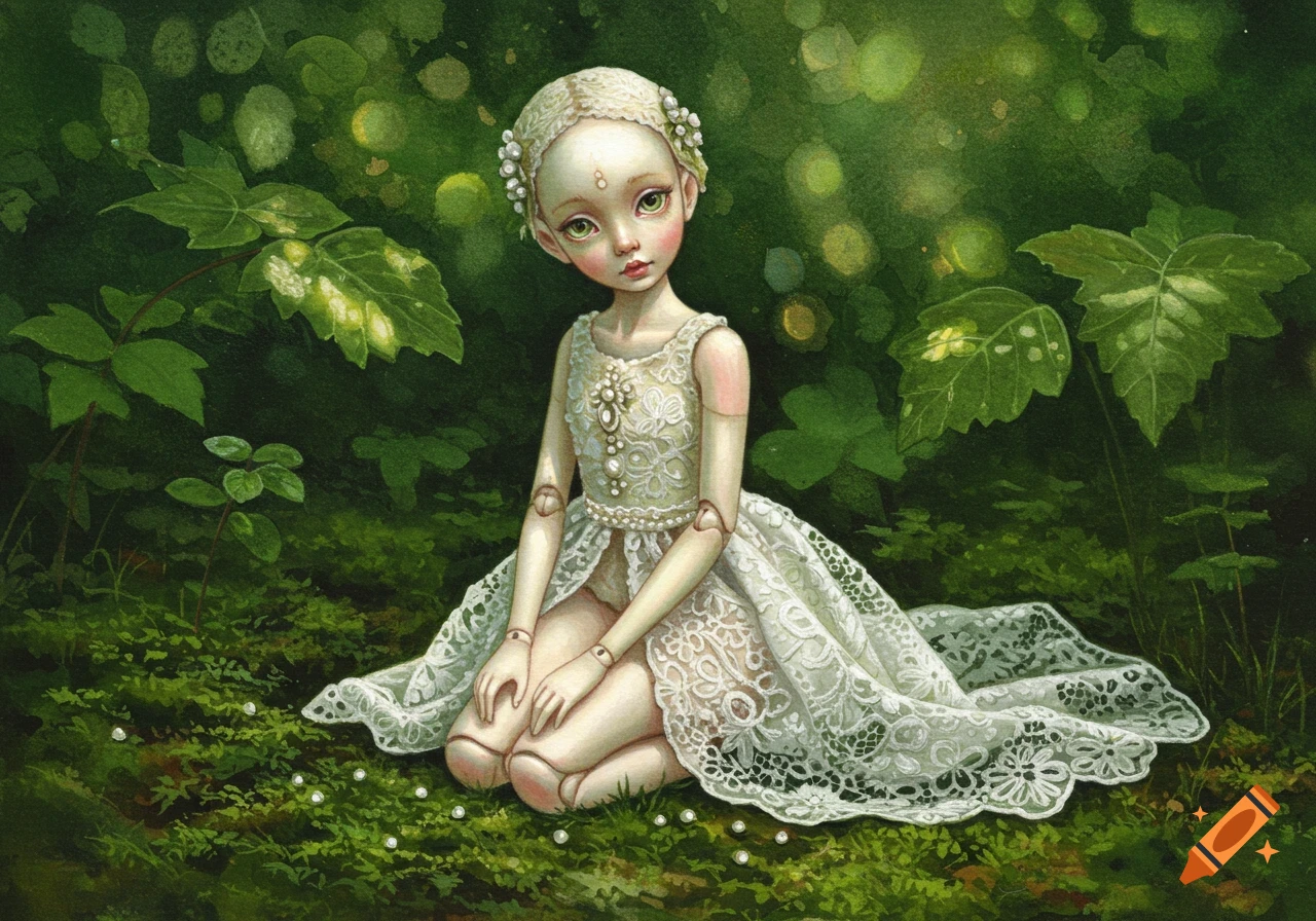 A whimsical painted doll with green eyes and a white lace dress kneels in a lush, dark green forest with dappled light.