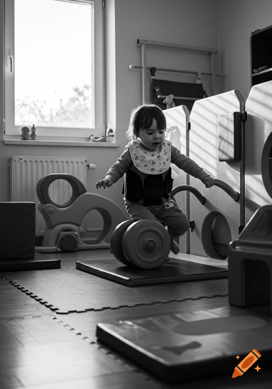 Black and white photo of a young child in a brace balancing on a rolling toy in a sunlit room filled with other toys.