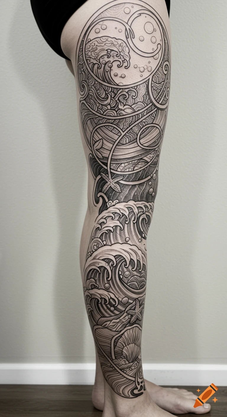 A full leg tattoo in black and grey Art Nouveau style, depicting intricate ocean waves, starfish, and shells with fine lines.
