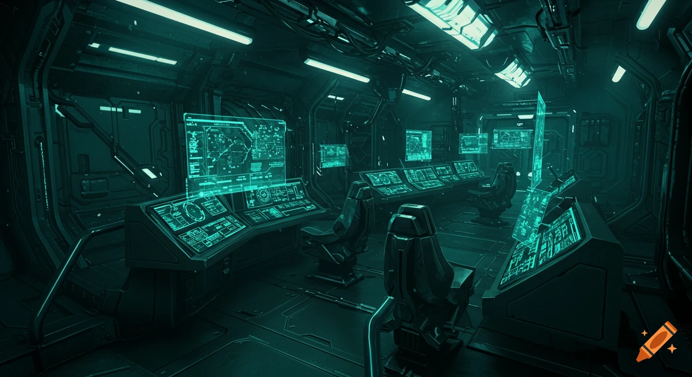 A dark, futuristic spaceship bridge control room with rows of consoles, glowing teal holographic screens, and pilot chairs.