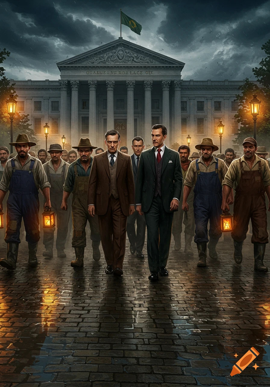 A group of men in suits and work clothes march with lanterns on a wet cobblestone street towards a large classical building under a stormy sky.