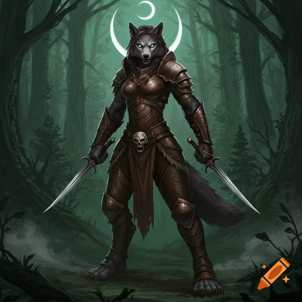 A female werewolf in brown leather armor with daggers stands in a dark forest under a crescent moon.