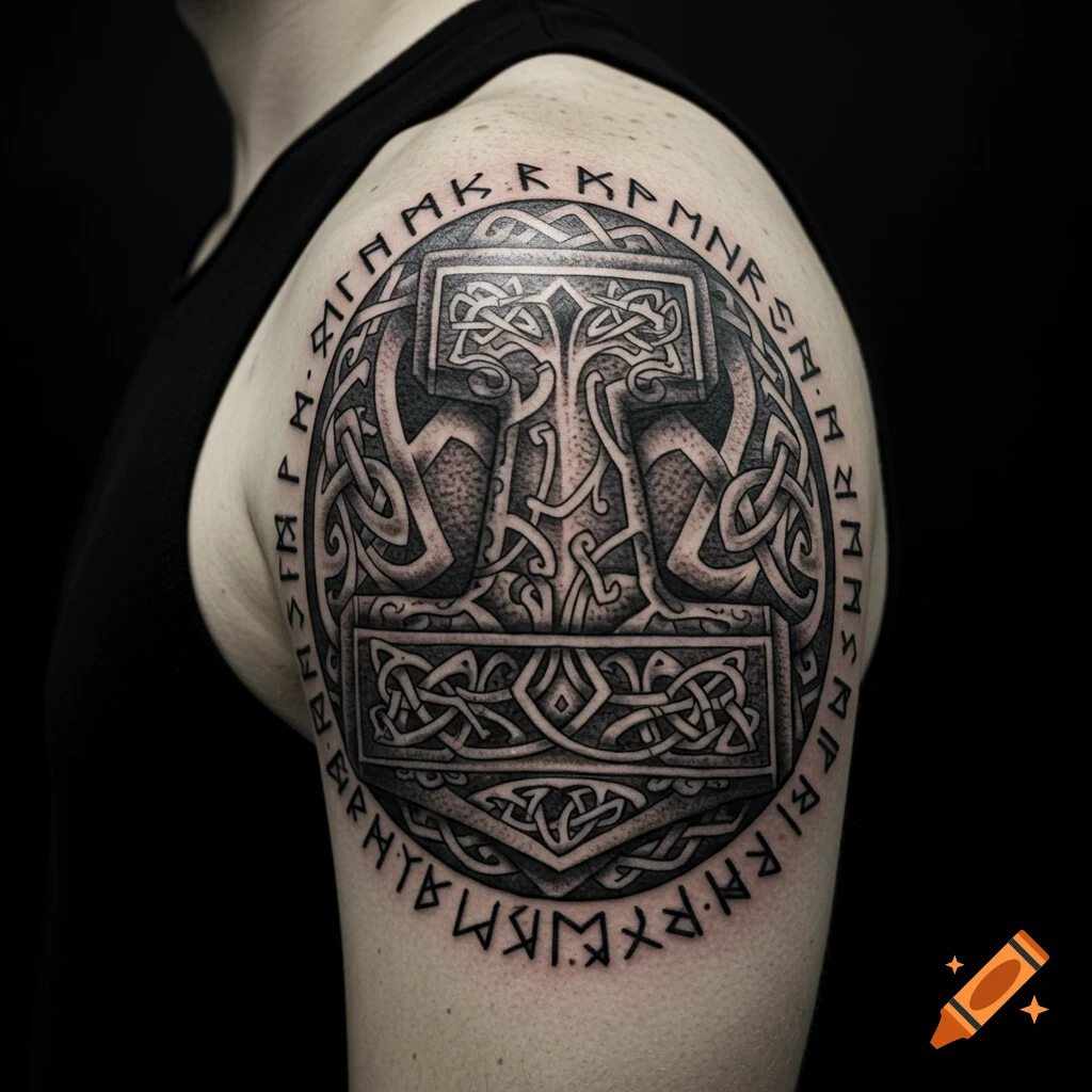Close-up of a realistic black ink shoulder tattoo depicting Mj 6lnir surrounded by runic inscriptions and Nordic knotwork.