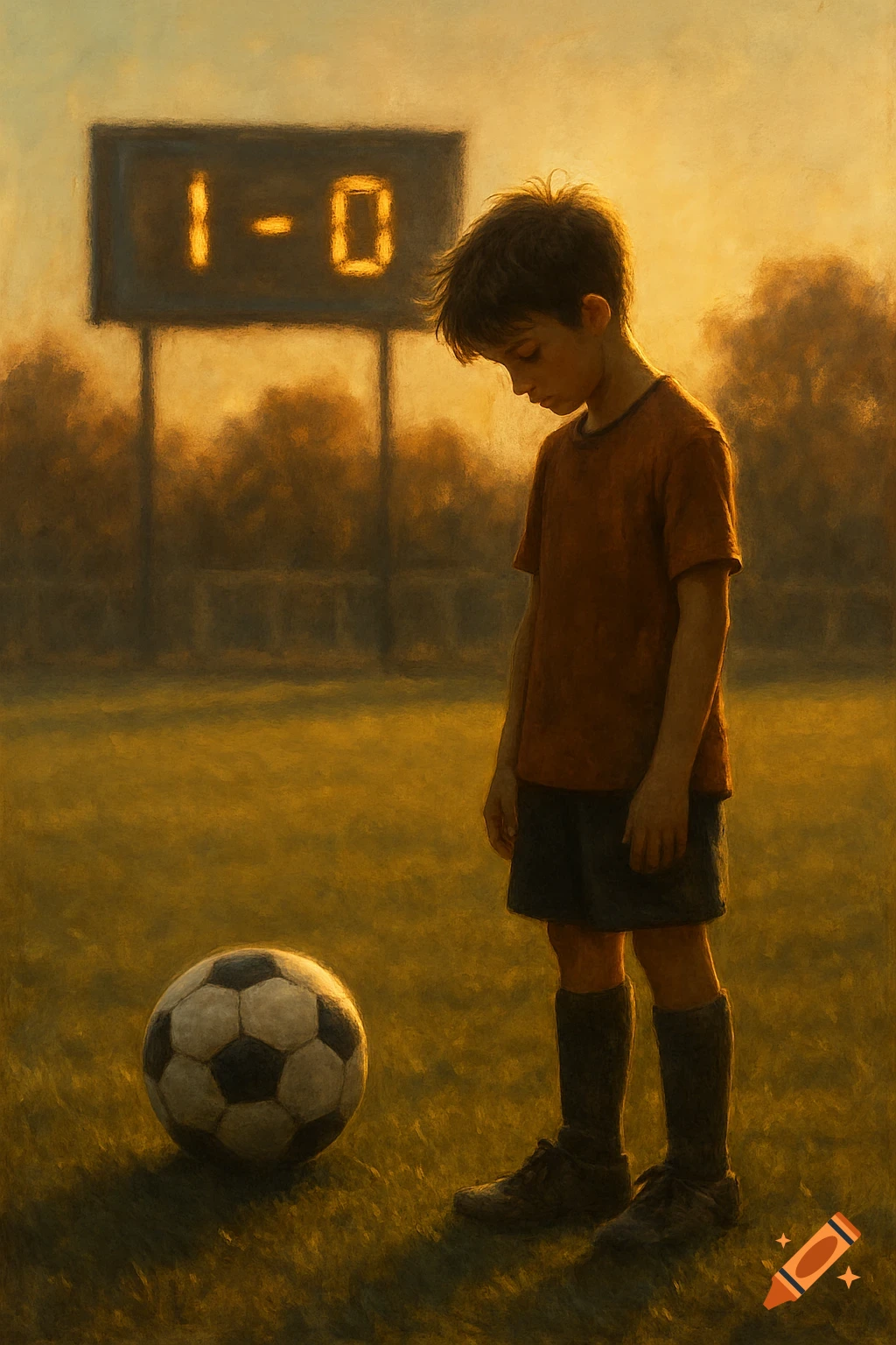 A young boy with a soccer ball, head down, on a field with a 1-0 scoreboard at sunset in a painterly style.