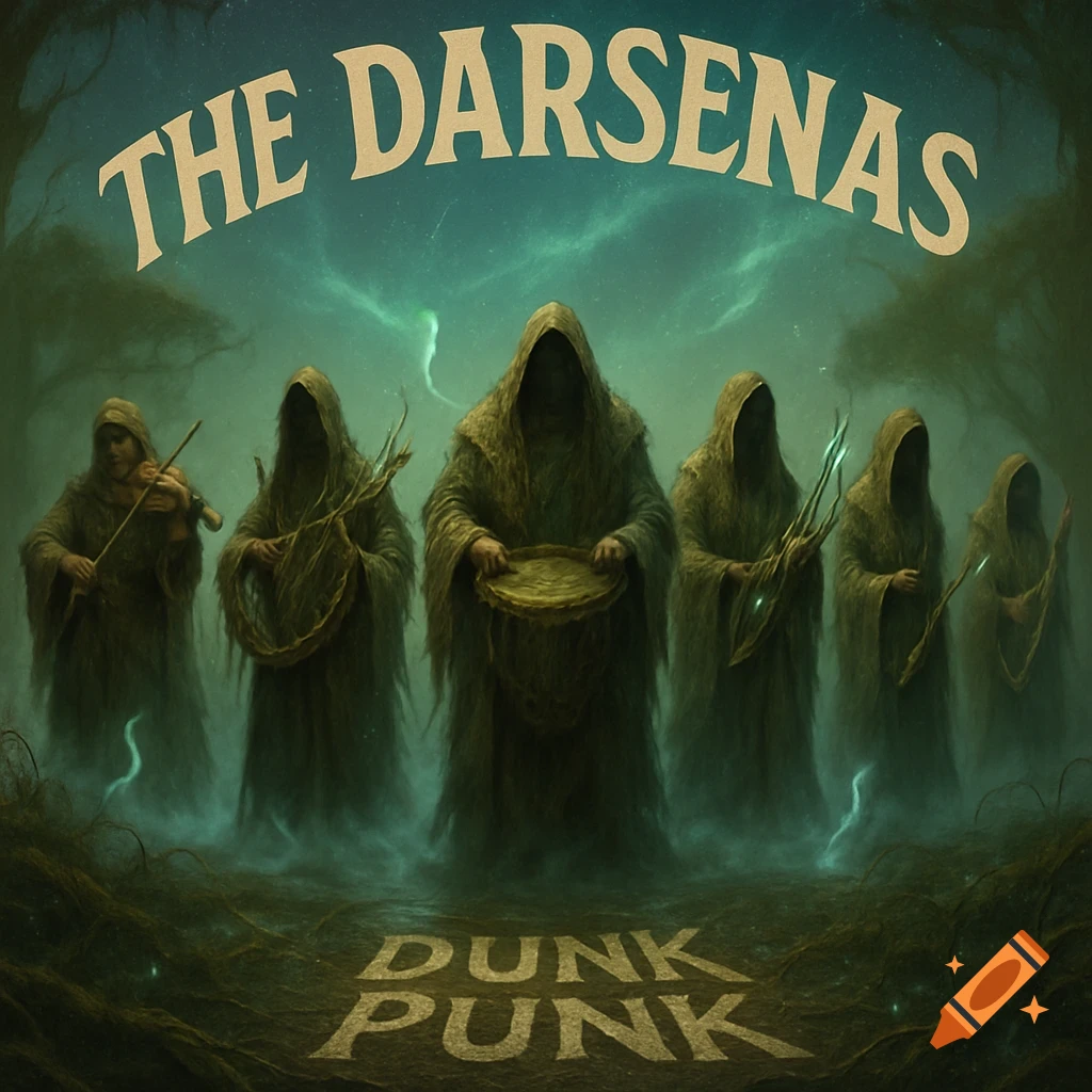 Six hooded figures with instruments stand in a mystical, foggy swamp. Text reads "THE DARSENAS" and "DUNK PUNK".