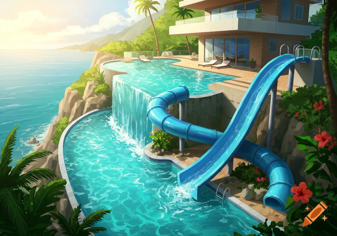 Vibrant illustration of a luxurious multi-level house with an infinity pool and blue water slide overlooking a tropical ocean.