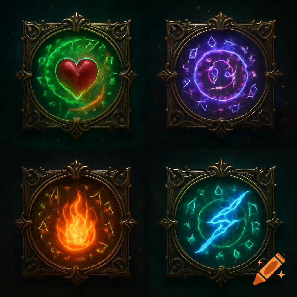 Four square, ornate metallic framed fantasy spell icons on a dark background, depicting a glowing red heart, purple swirling magic, orange fire, and blue lightning.