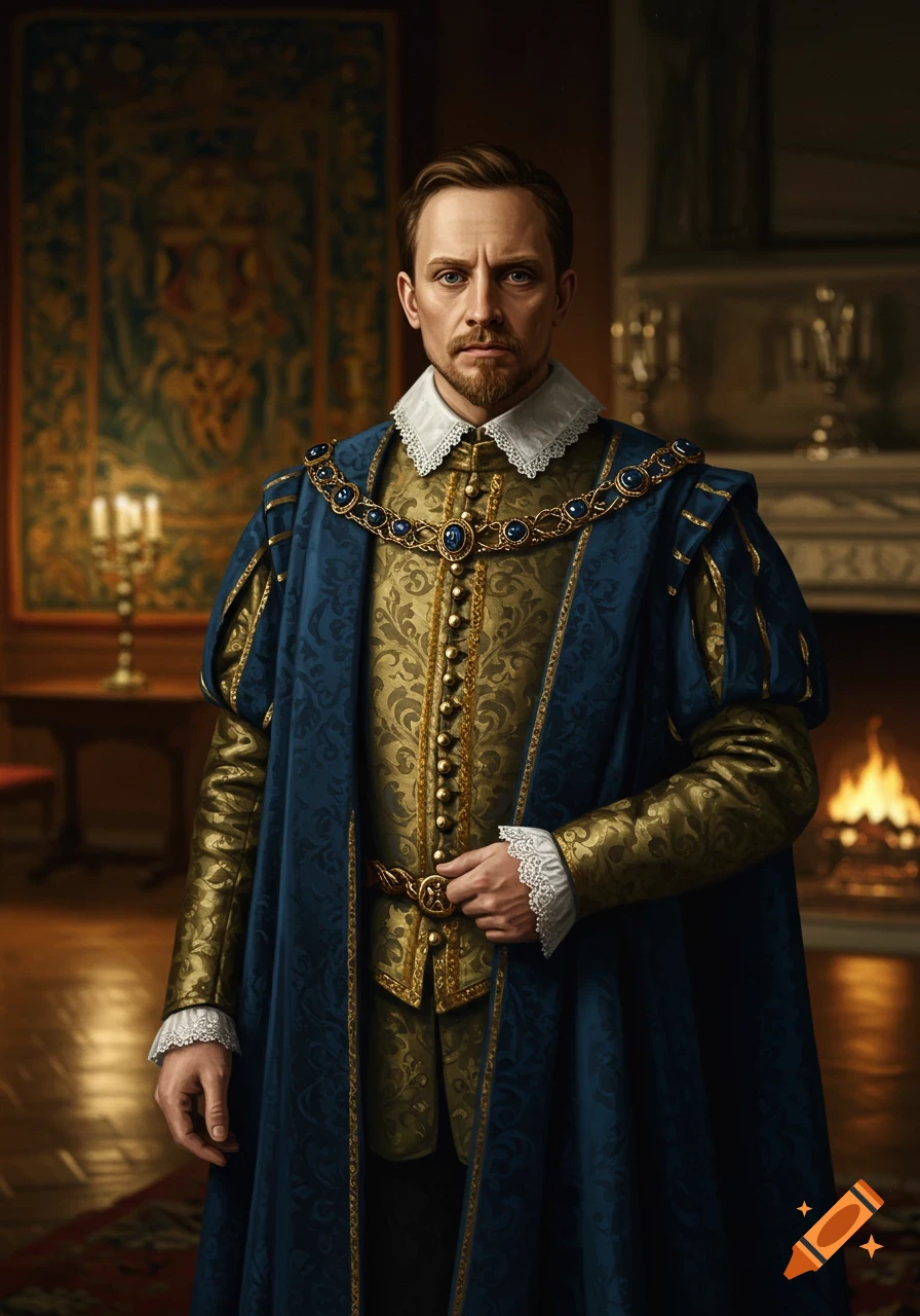 Photorealistic portrait of a serious man in ornate blue and gold historical noble attire in a richly decorated room.