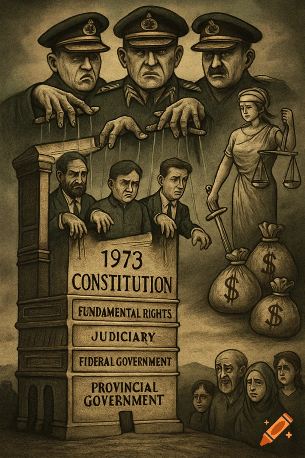 Illustration of military generals as puppeteers controlling politicians on a 1973 Constitution structure, with Lady Justice, money bags, and despairing people.