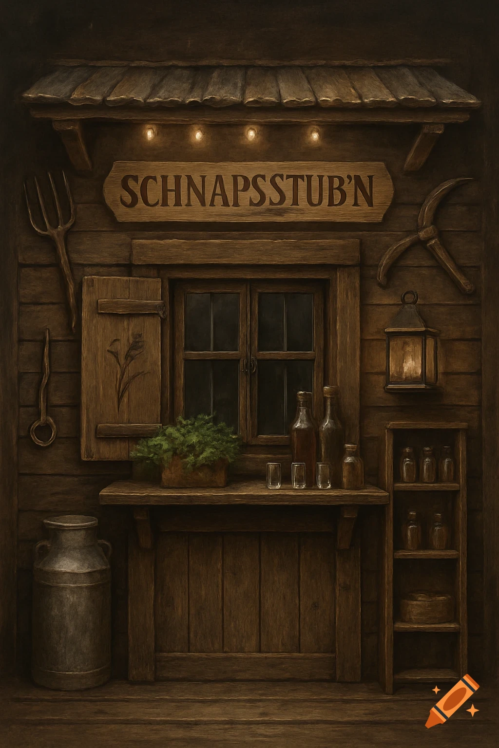A rustic wooden Schnapsstub'n stall with a window, bottles, and tools, under a small shingled roof.