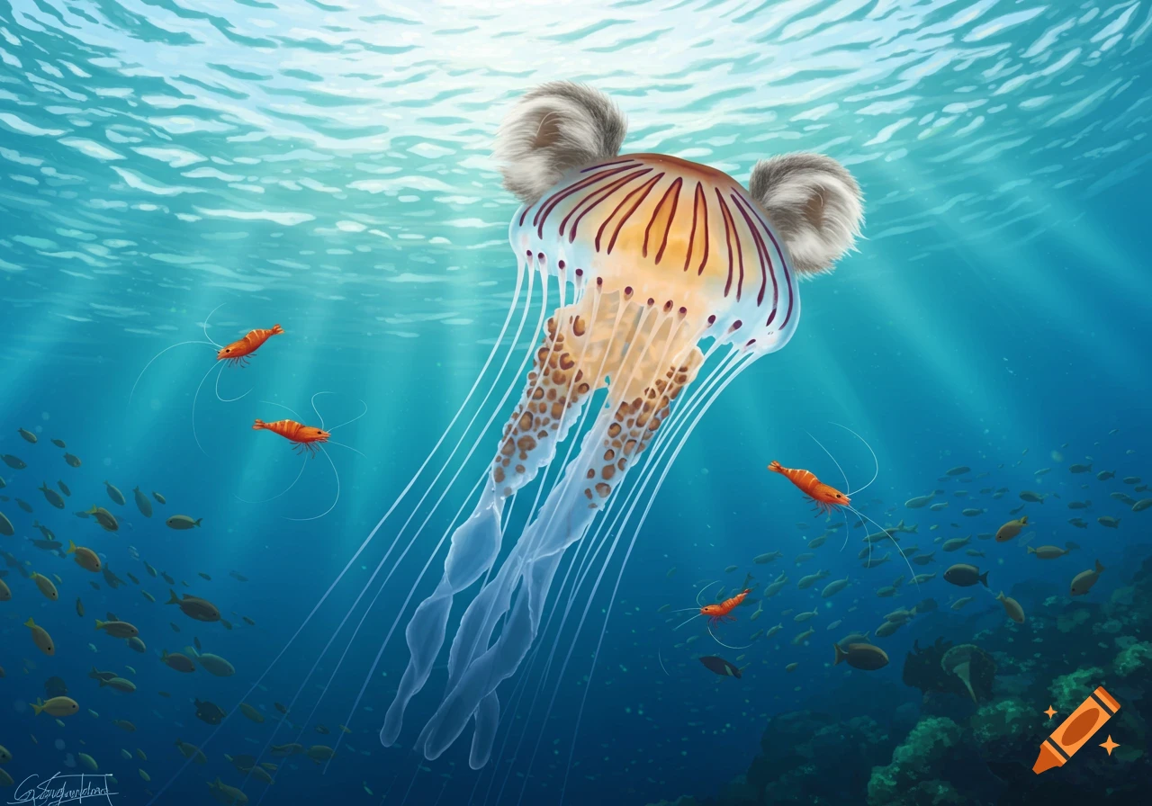 A whimsical illustration of a jellyfish with fluffy koala ears, swimming in a vibrant blue ocean surrounded by shrimp and fish.
