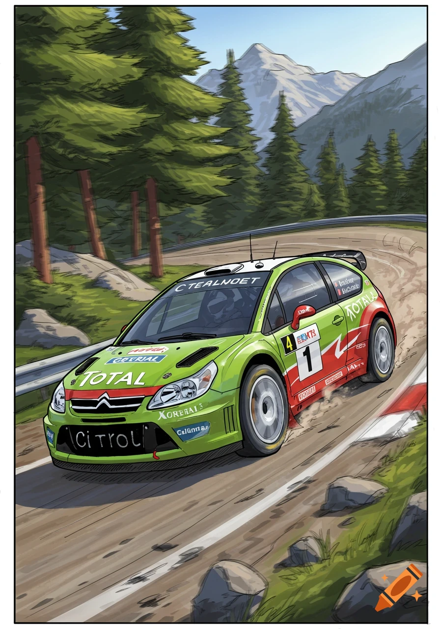A cartoon green and red rally car speeds around a winding dirt mountain ...