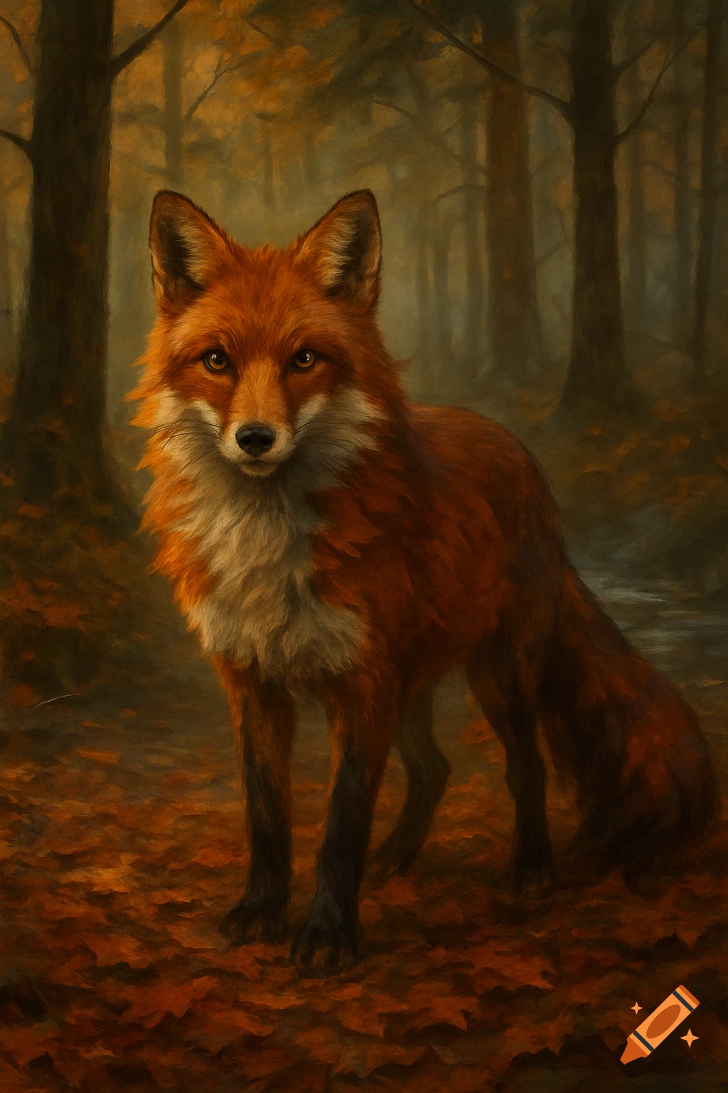 A detailed painting of a red fox with bright eyes standing among fallen ...