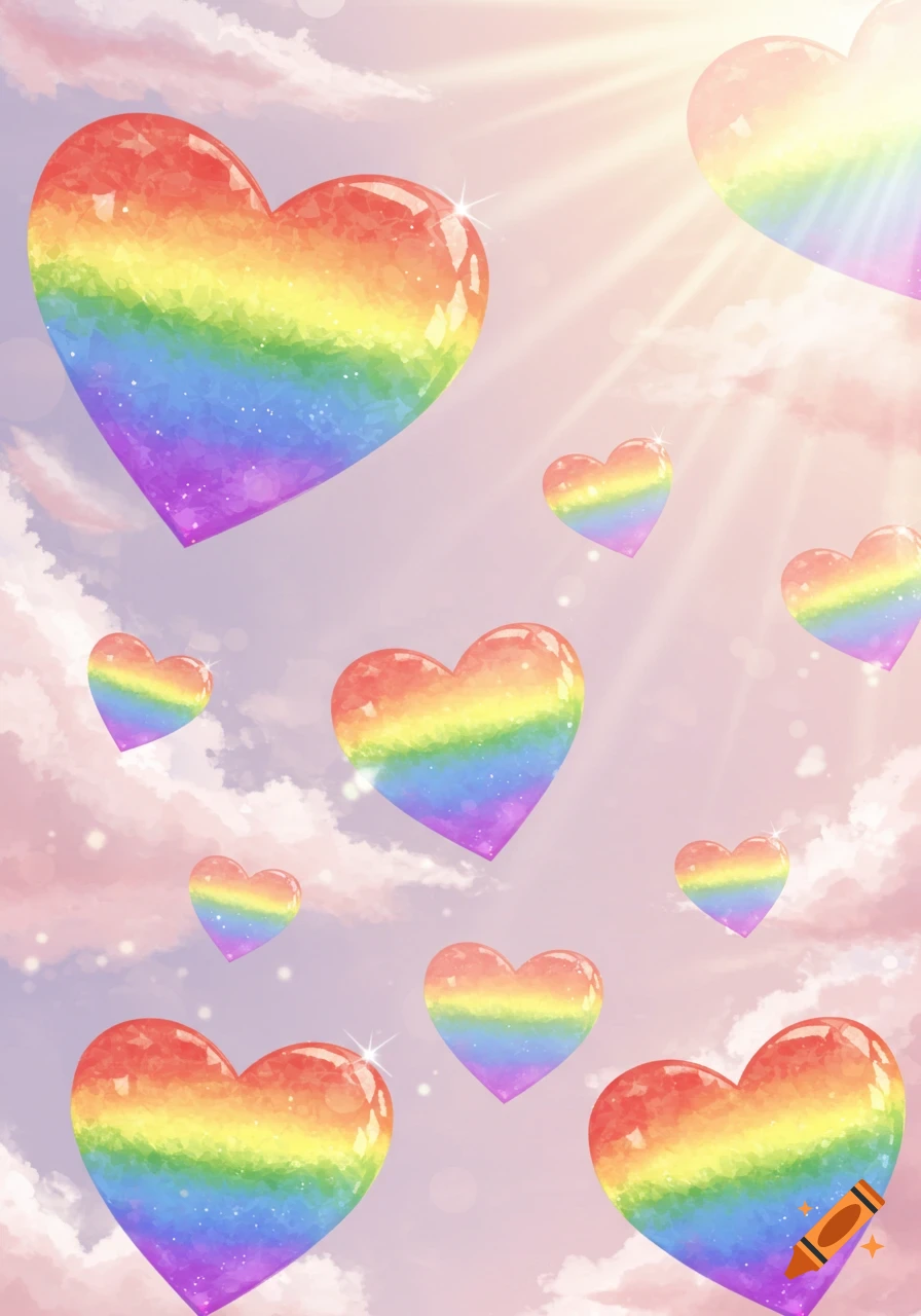 Rainbow-colored, glossy hearts float among pastel clouds with sun rays in a stylized illustration.