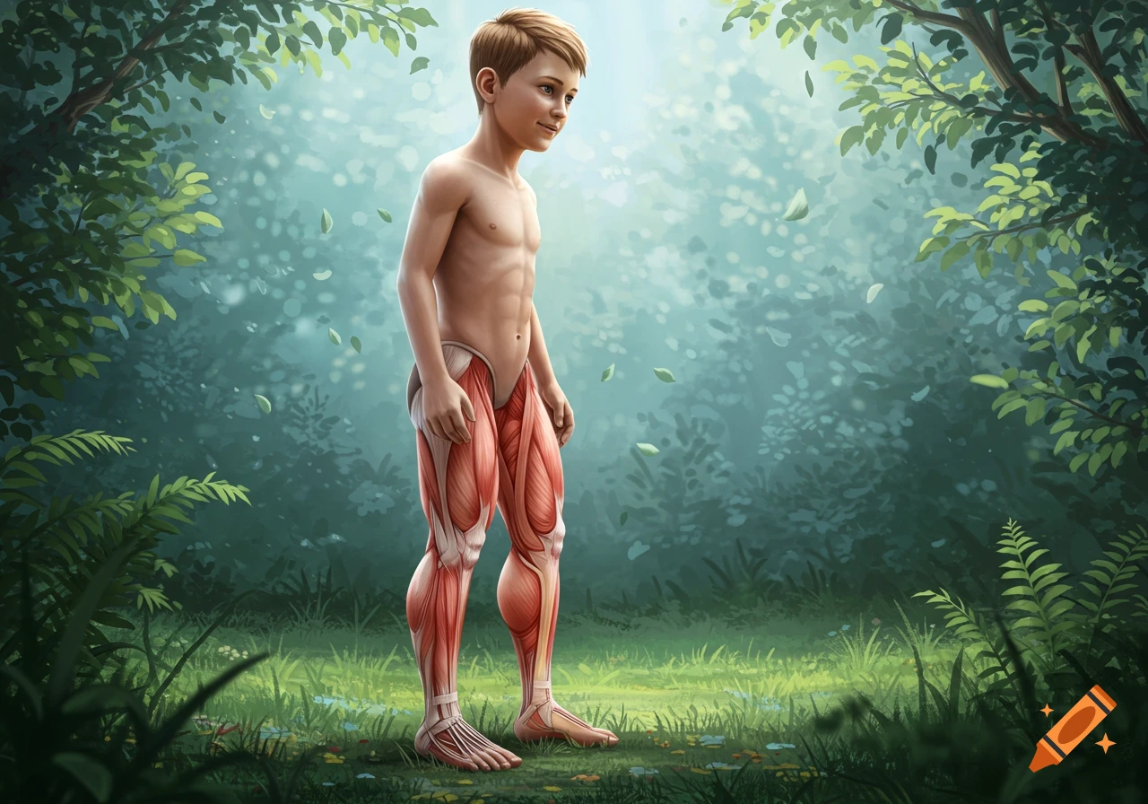 A young boy stands in a misty forest, his legs depicted with detailed muscle anatomy in an illustrative style.