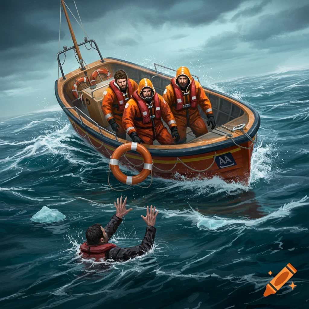Illustrative scene of a lifeboat with three crew members rescuing a man drowning in a stormy sea. 'AA' is on the boat.