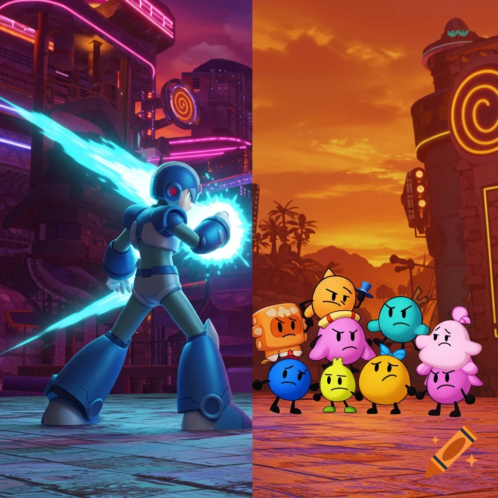 Mega Man charges an energy shot in a neon futuristic city, facing a group of colorful cartoon characters at sunset.