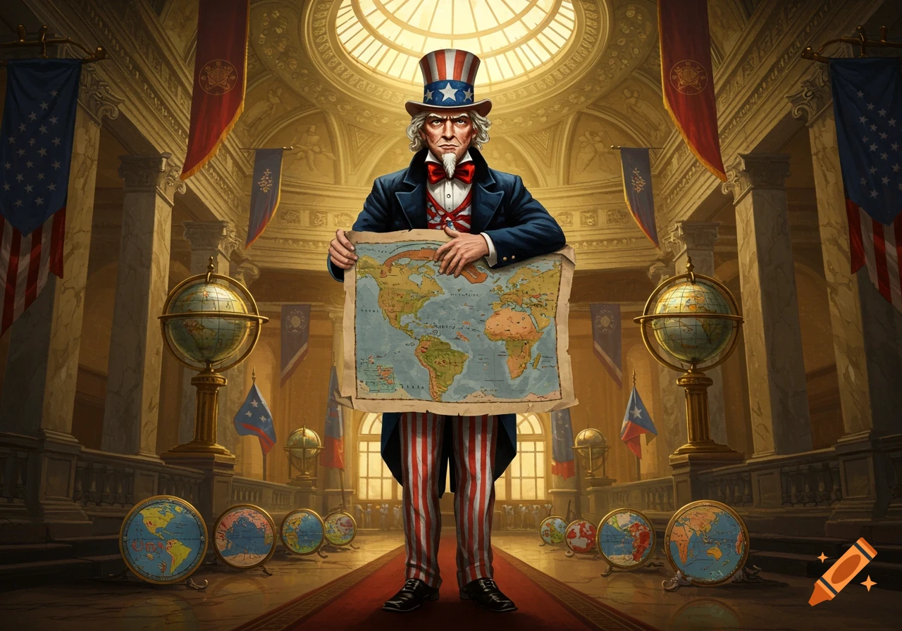Uncle Sam, in a red, white, and blue suit and top hat, stands in an ornate hall holding a world map.