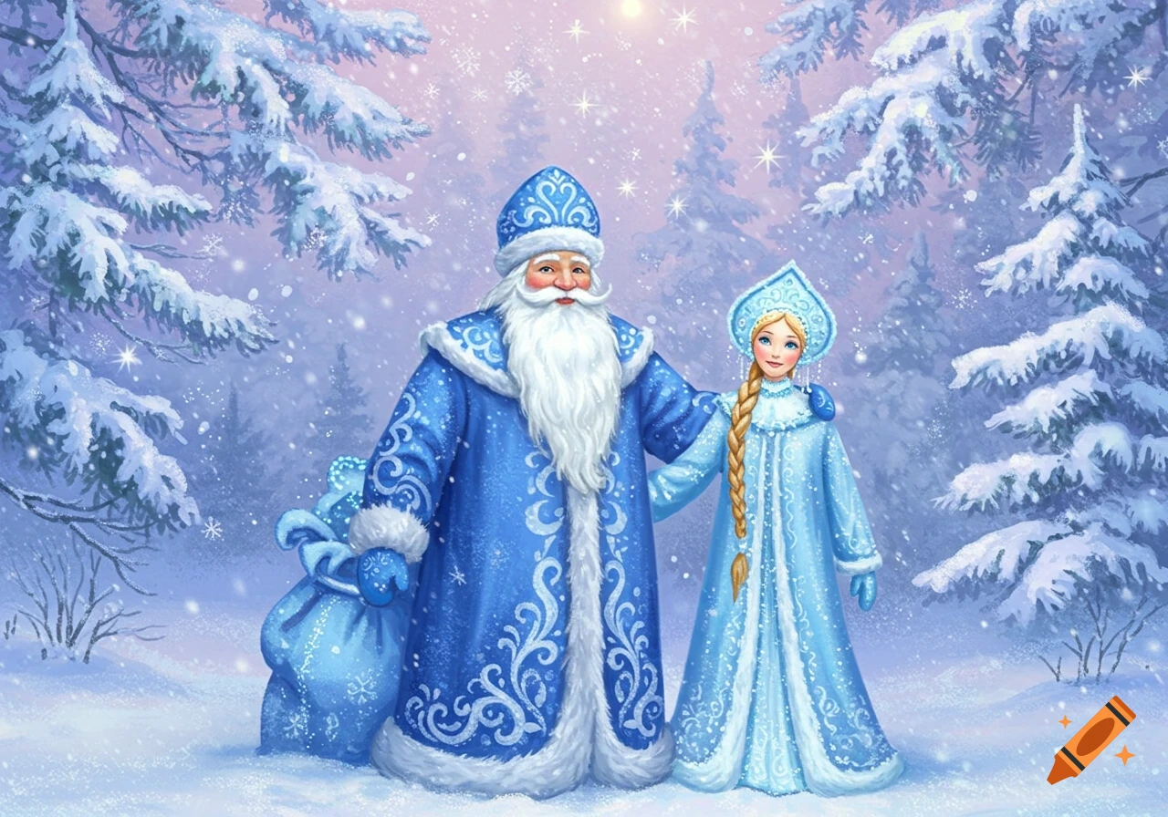 An illustration of Ded Moroz and Snegurochka in blue outfits standing in a snowy forest with falling snowflakes.