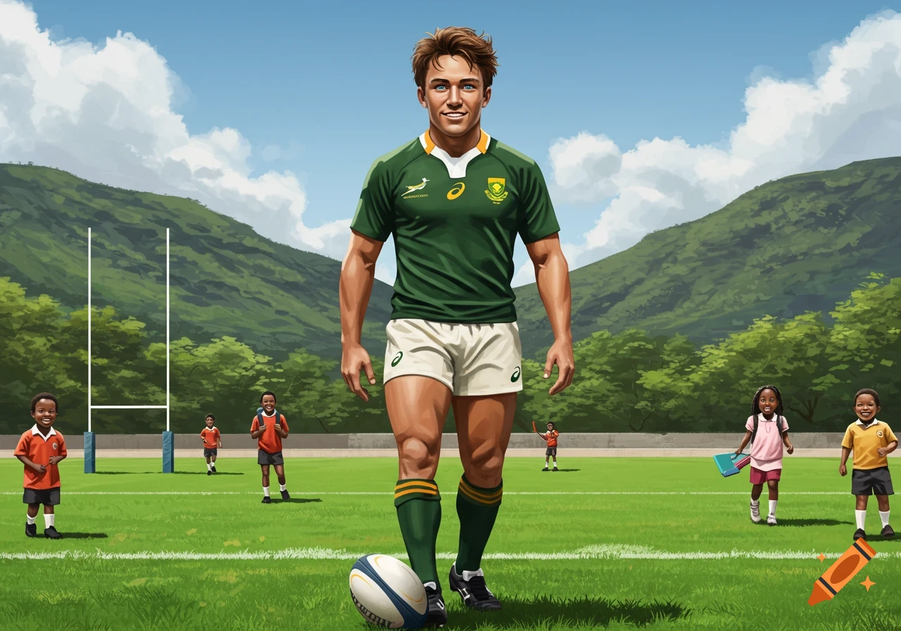 A cartoon-style image of a muscular South African rugby player in a green and white uniform, standing on a lush green field with a rugby ball at his feet. Several smiling children are in the background, with green mountains and a blue sky overhead.