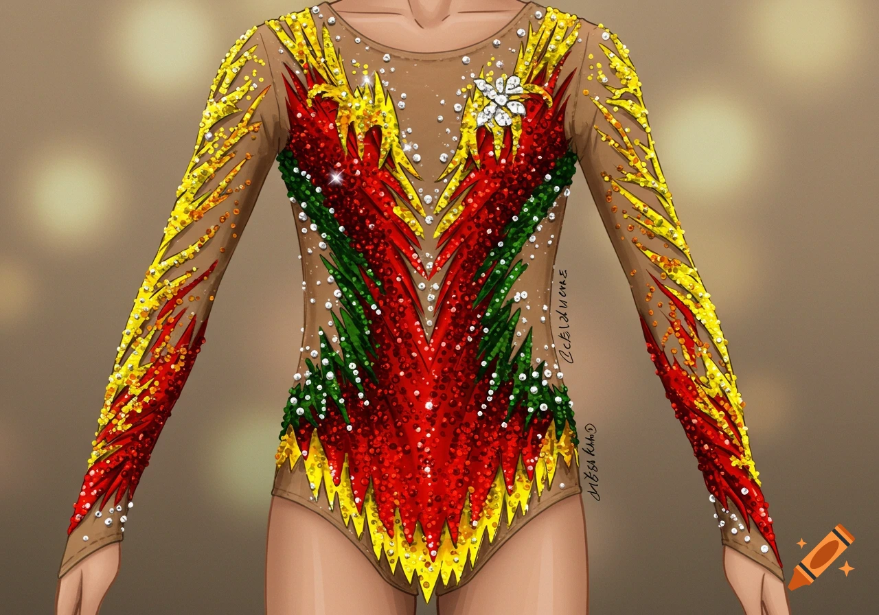 An elaborate long-sleeved gymnastics leotard in tan, adorned with red, yellow, green sequins, and rhinestones, featuring a flame-like pattern.